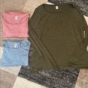 THREE Old Navy luxe long sleeve tees, blue pink green, size M EUC!